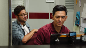 Director/writer Aneesh Chaganty and John Cho on the set of Screen Gems' SEARCHING.